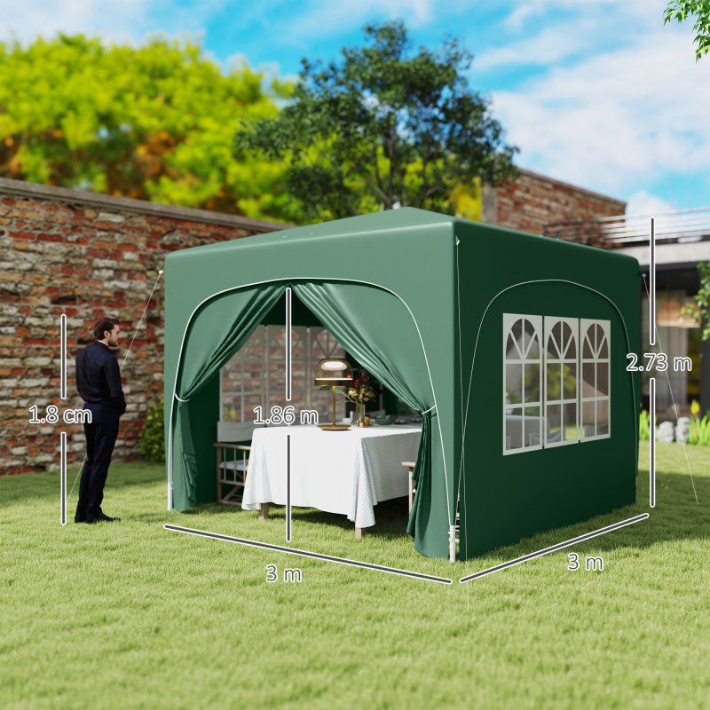 Outsunny 3 x 3(m) Pop Up Gazebo with Sides and Carry Bag, UPF50+, Height Adjustable Party Tent Instant Event Shelter for Garden, Outdoor, Patio, Dark Green
