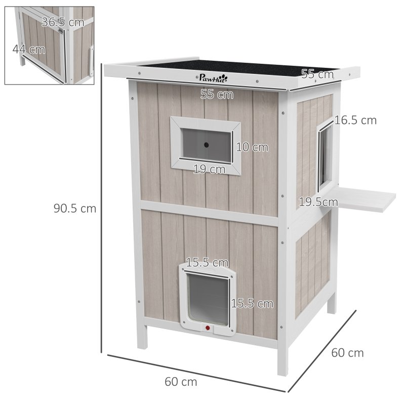 PawHut Outdoor Cat House, Wooden Cat Shelter 2 Tiers Feral Cat house with Removable Bottom, Escape Doors, Asphalt Roof, for 1-2 Cats - Light Grey
