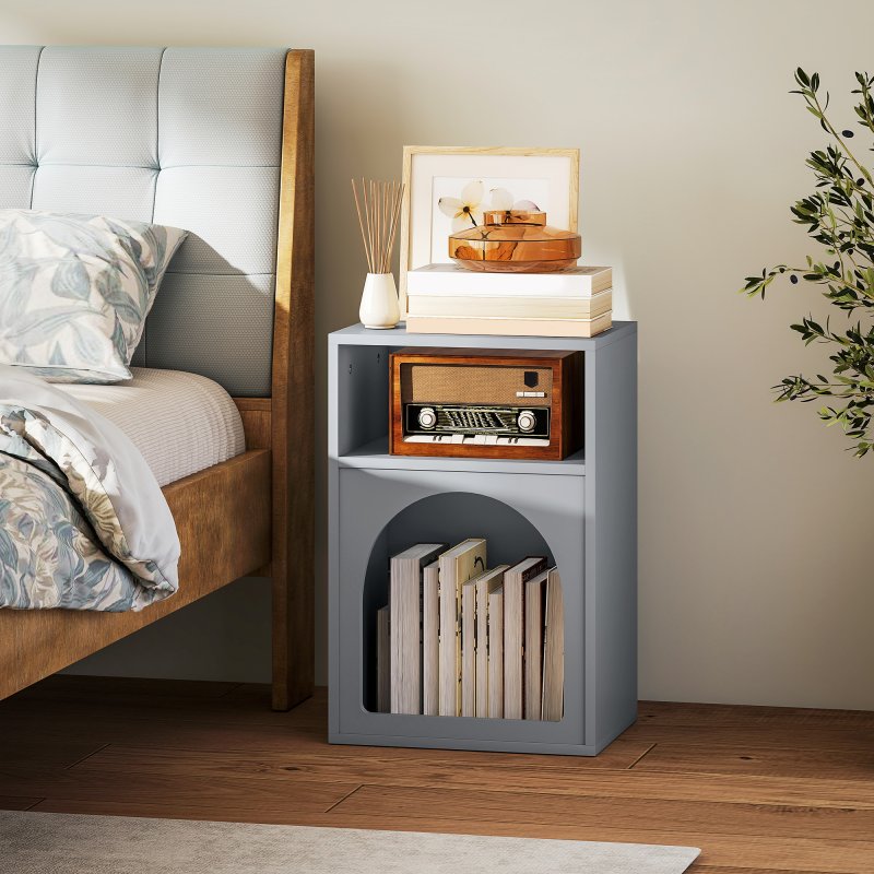 HOMCOM Bedside Table, Modern Bedside Cabinet with 2 Open Compartments and Unique Arch Design, Side Table for Living Room, Bedroom, Grey