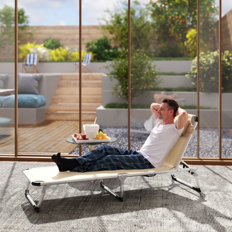 Outsunny Foldable Outdoor Sun Lounger, Reclining Lounge Chair Camping Bed Cot with Pillow 4-Level Adjustable Back Aluminium Frame, Khaki