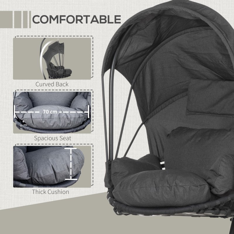 Outsunny Hanging Egg Chair with Cushion and Retractable Canopy, Swing Hammock Chair with Adjustable Metal Stand, for Indoor and Outdoor, Grey