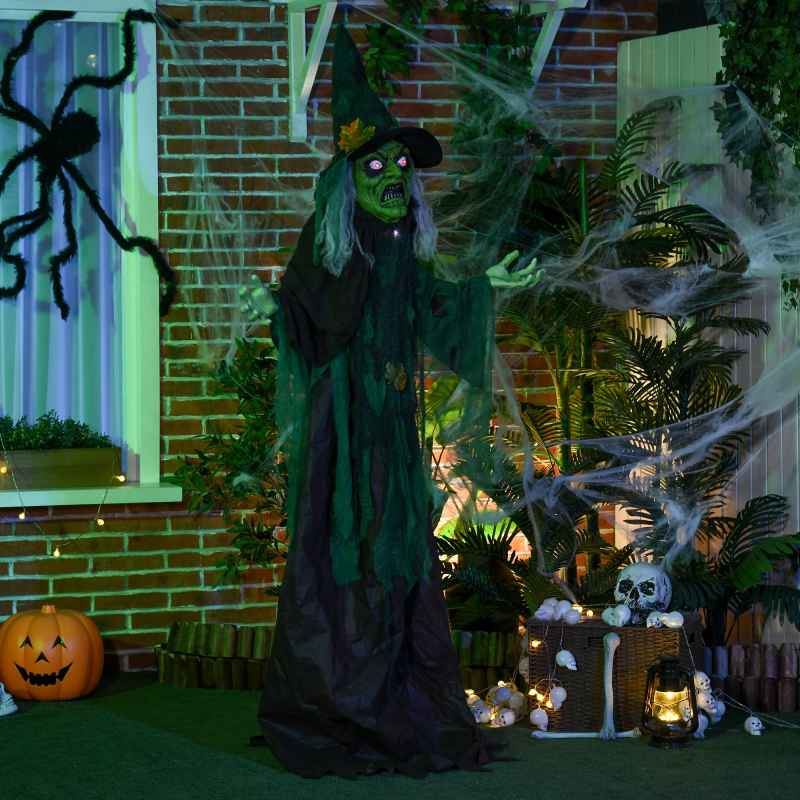 HOMCOM 6ft Outdoor Halloween Decoration Witch, Standing Witch Prop Life Size with Sound and Motion Activated, Light Up Eyes Magical Heart, Talking Sound, Posable Arms, Moving Head