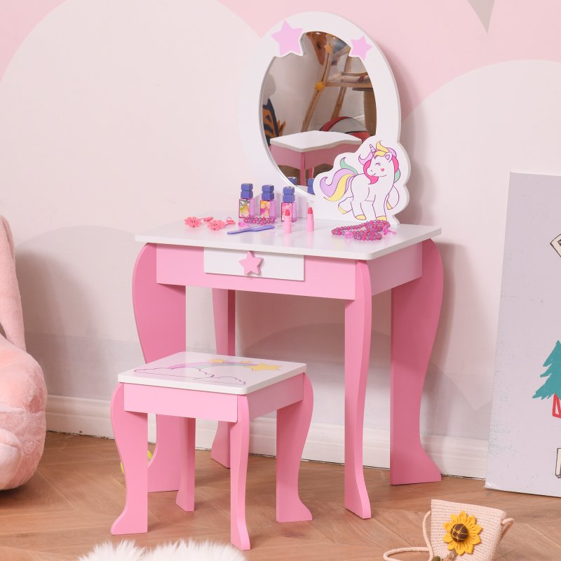 HOMCOM Girls Dressing Table with Mirror, Stool, Kids Dressing Table, Unicorn-Designed Play Toy for Toddles Girls Age 3-6 Years, Acrylic Mirror, Pink and White