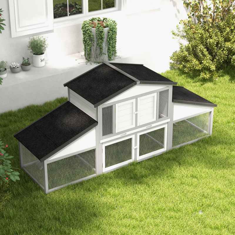 PawHut Large Rabbit Hutch with Run, Outdoor Bunny Cage with Tray, Ramp, Wooden Guinea Pig House, Light Grey