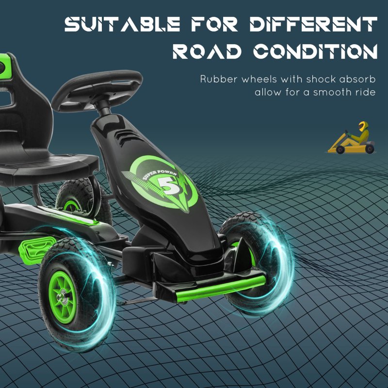 HOMCOM Children Pedal Go Kart, Raving Go Kart with Adjustable Seat, Inflatable Tyres, Shock Aborb, Handbrake, for Ages 5-12 Years - Green