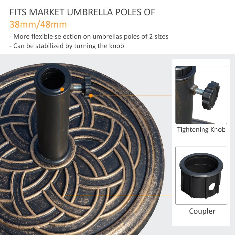 Outsunny 11.5kg Garden Parasol Base, Round Heavy Duty Umbrella Stand Holder, Resin Parasol Stand for 38mm or 48mm Outdoor Umbrella Poles, Bronze Tone