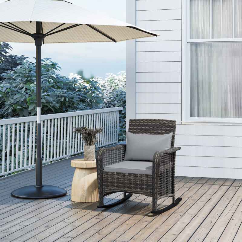 Outsunny Garden Rocking Chair, Outdoor Rattan Rocker Lounge Chair with Seat and Back Cushions, Patio Armchair Seat with All-weather Wicker, Steel Frame for Porch Balcony, Light Grey