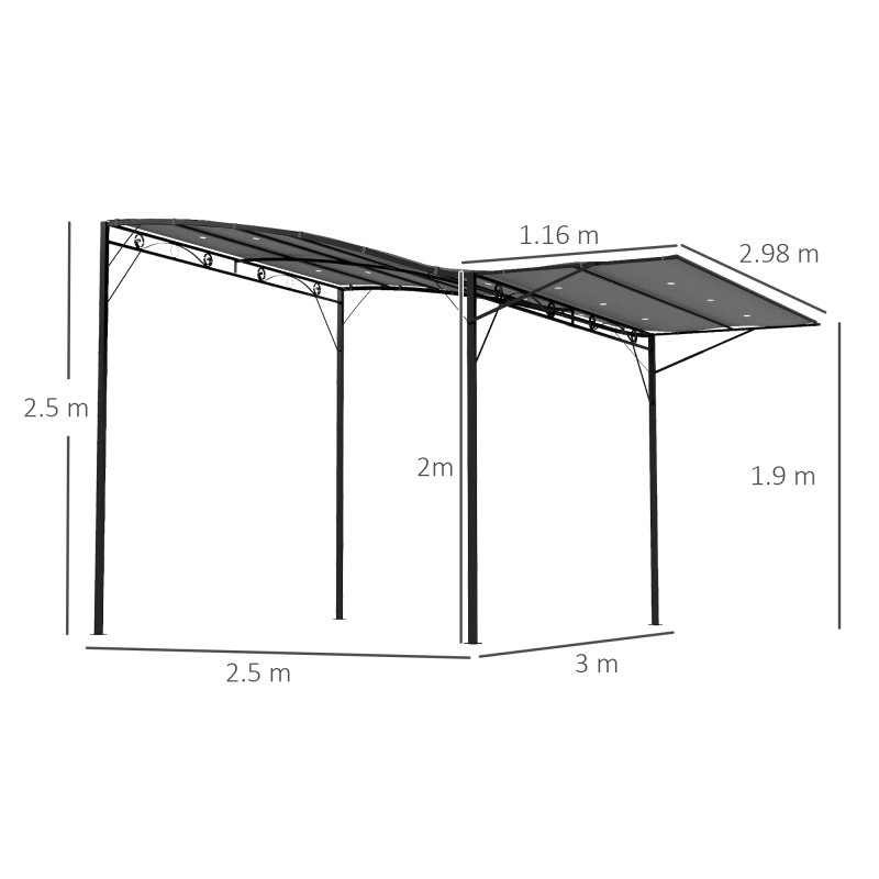 Outsunny 3 x 2.5m Patio Metal Gazebo Door Window Awning Wall Mount Canopy Outdoor Sunshade with Extended Shelter Charcoal Grey