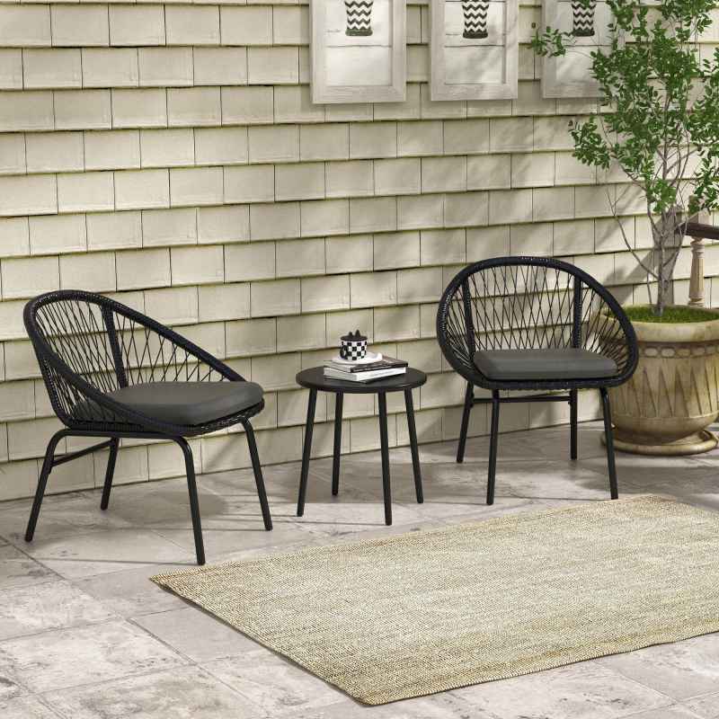 Outsunny 3 Pieces Rattan Bistro Set, Wicker Garden Furniture Set with Round Metal Top Coffee Table and Chairs, Washable Cushions for Outdoor, Patio, Balcony, Black