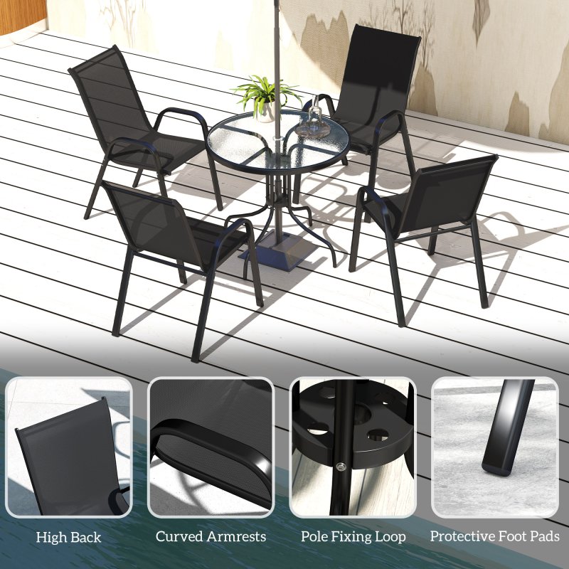 Outsunny 5 Pieces Garden Dining Set, 4 Seater Garden Furniture with High Back Stackable Chairs and Round Glass Top Table, Outdoor Bistro Set with Parasol Hole for Patio, Black