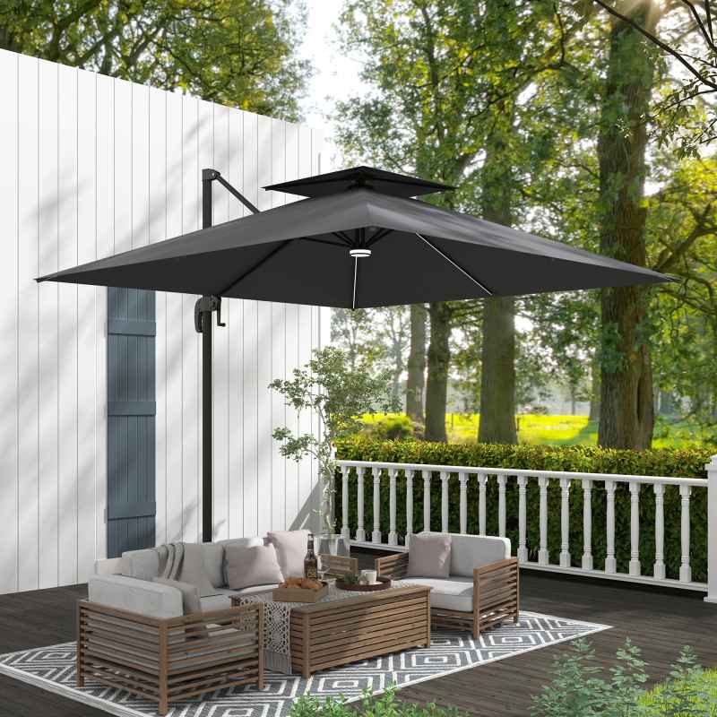 Outsunny 2.5m Cantilever Parasol with Solar Powered LED Lights, Double Top Square Overhanging Garden Parasol with 360?? Rotation, Tilt Adjustment, Crank Handle, Dark Grey