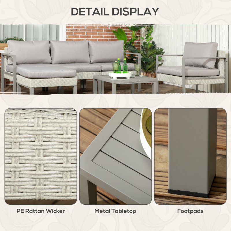 Outsunny 6 Pieces PE Rattan Garden Furniture Set with Sofa, Armchairs, Stool, Patio Sofa Set with Metal Coffee Table, Cushions, for Poolside, Light Grey
