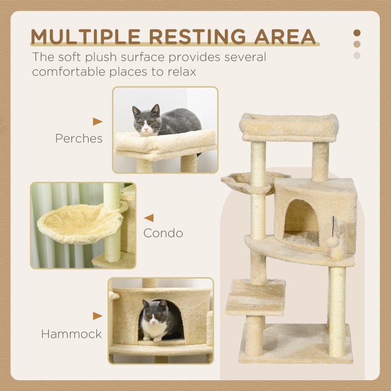 PawHut Cat Tree Tower for Indoor Cats Cat Scratching Post 100cm Climbing Frame Kitten Activity Centre with Sisal Condo Hammock Bed Hanging Toy, Cream White