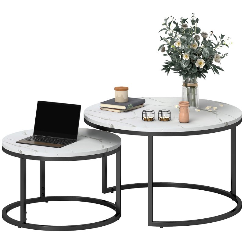 HOMCOM Round Nesting Coffee Table Set of 2, Large Stacking End Side Table with Steel Frame for Living Room, Bedroom, Home Office, 78.5 x 78.5 x 46.5 cm, Marble White