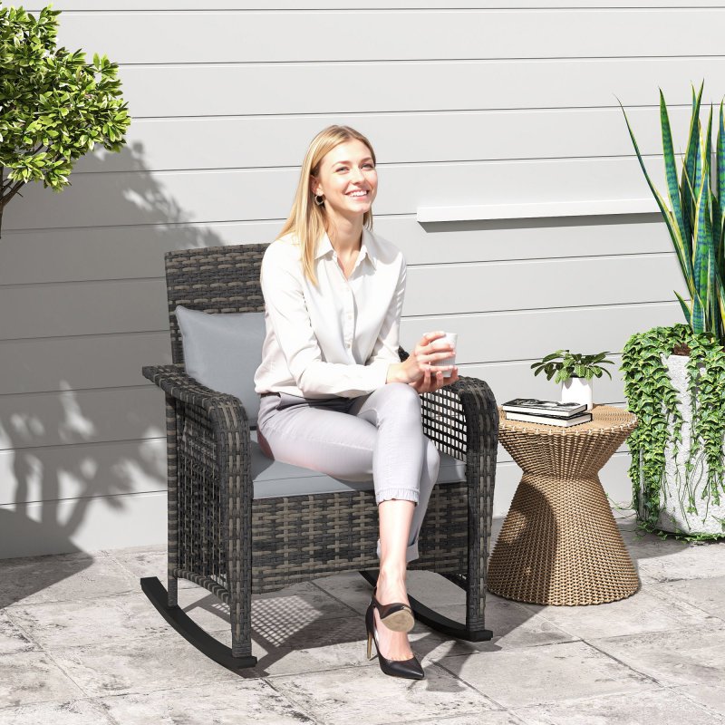 Outsunny Garden Rocking Chair, Outdoor Rattan Rocker Lounge Chair with Seat and Back Cushions, Patio Armchair Seat with All-weather Wicker, Steel Frame for Porch Balcony, Light Grey