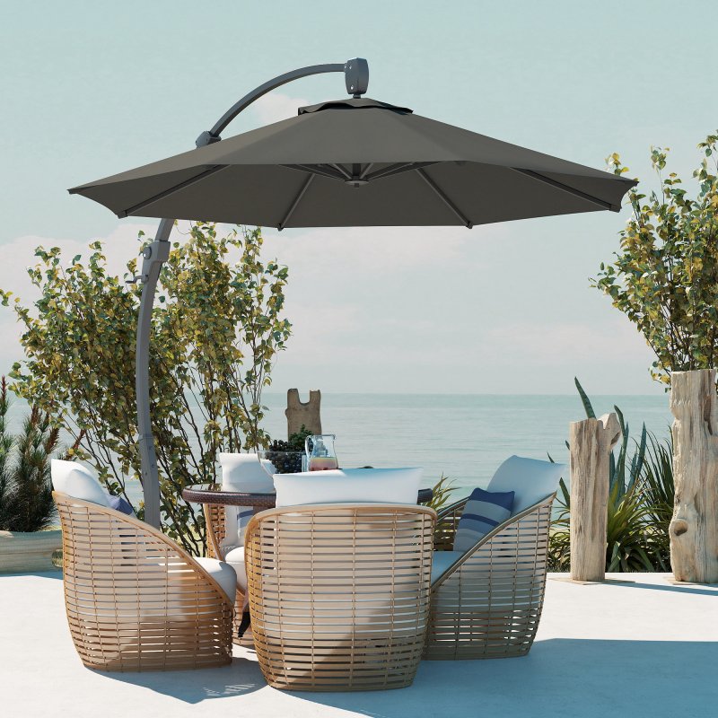 Outsunny 3(m) Garden Cantilever Parasol, Round Overhanging Umbrella with Crank Handle, Cross Base, Aluminium Frame and 360 Rotation, Banana Patio Umbrella for Outdoor Sun Shade, Grey
