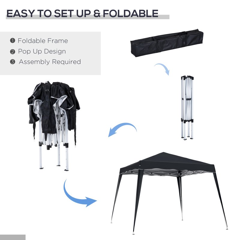 Outsunny 3 M x 3 M Base/ 2.5 M x 2.5 M Top Pop Up Gazebo, 2 Person Setup Instant with Carry Bag, Height Adjustable Slant Leg Party Tent Instant Event Shelter for Garden, Patio, Black