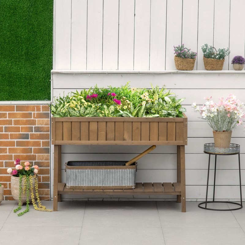 Outsunny Wooden Herb Planter with 8 Pocket, Raised Bed Container Garden Planter Boxes, 110L x 46W x 76Hcm, Brown