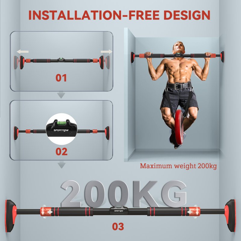 SPORTNOW Pull Up Bar Doorway No Screws, Door Frame Chin Up Bar with Level Metre, 92-120 cm (36.2"-47.2") Width Adjustable for Home Gym, Max Load 200kg