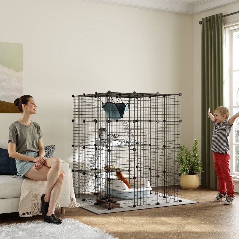 PawHut Cat Cage Indoor, DIY 4 Tier Wire Cat Enclosure with Hammock, Ramps, Doors, Jumping Platforms, Detachable Catio Indoor for 1-3 Cats, 105 x 105 x 140 cm, Black