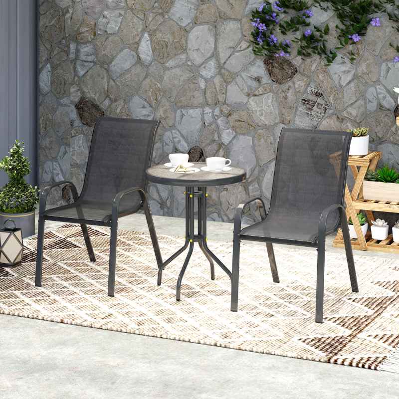 Outsunny 3 Pieces Garden Dining Set, 2 Seater Garden Furniture with High Back Stackable Chairs and Round Glass Top Table, Outdoor Bistro Set for Patio, Black