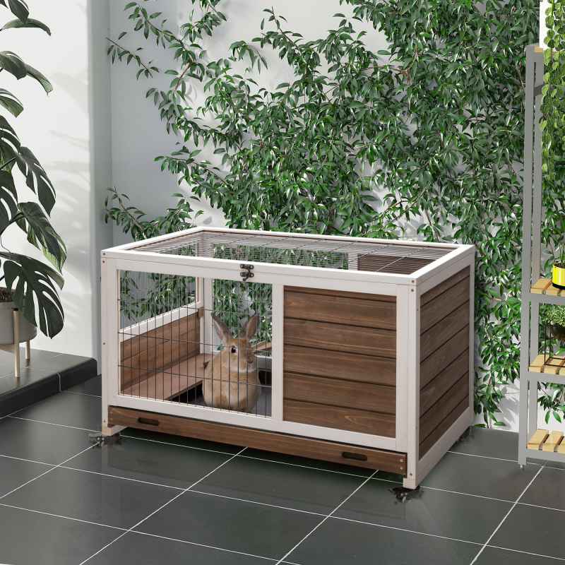 PawHut Indoor Rabbit Cages Guinea Pig Hutch, with Openable Roof, Wheels, Indoor Enclosed Run with No-Leak Tray, Brown