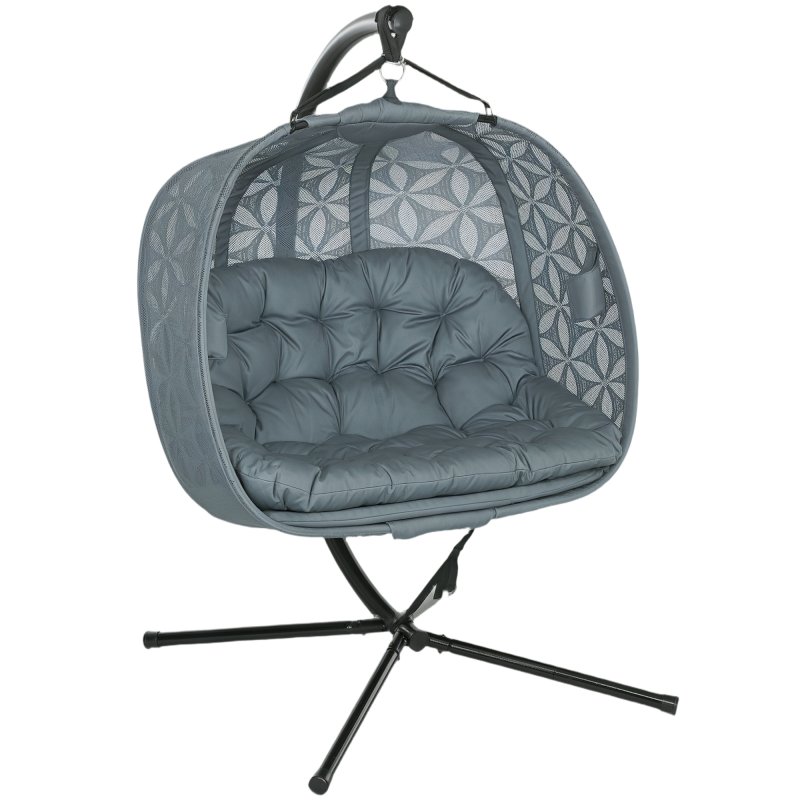 Outsunny Outdoor Double Hanging Chair, Swing Chair with Metal Stand, Thick Padded Cushion, Foldable Basket and Cup Holders, for Indoor and Outdoor, Charcoal Grey