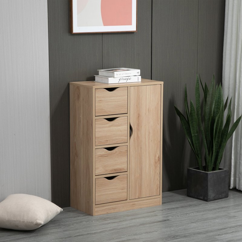 HOMCOM Bathroom Floor Cabinet, Freestanding Storage Unit with 4 Drawers and Door Cupboard for Living Room, Kitchen, Bedroom
