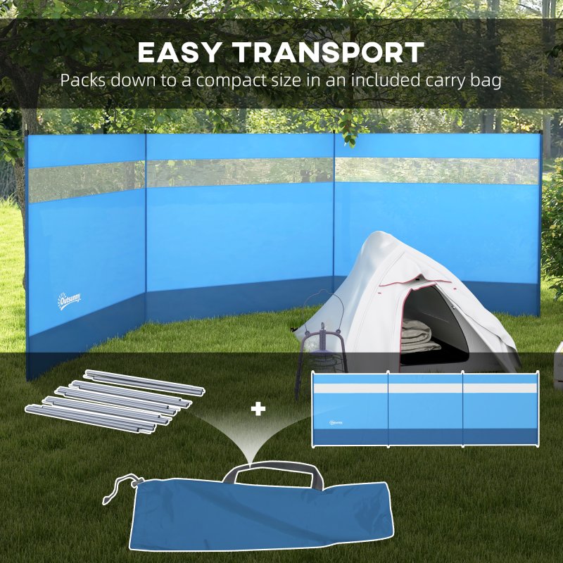 Outsunny Camping Windbreak, 4 Pole Windbreaker Blocker with Clear Windows, Carry Bag and Steel Poles, for Beach Caravan Campervan, 440 x 140cm, Blue