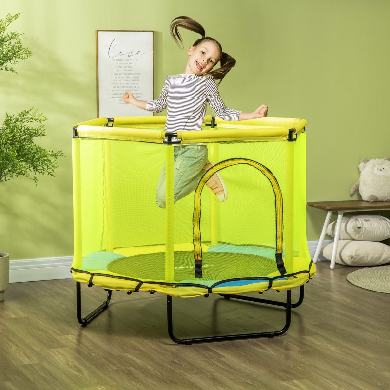 ZONEKIZ Kids Trampoline for Toddlers with Enclosure Safety Net, 4.6FT Hexageon Outdoor Indoor Jumper for Children 1-6 Years Old, Yellow