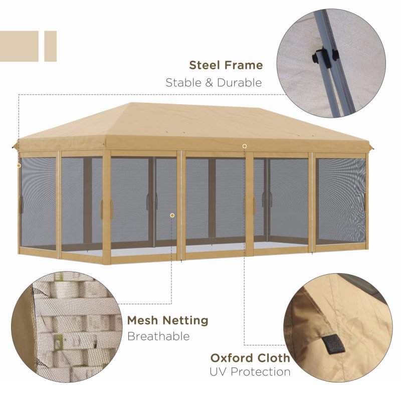 Outsunny 3 x 6m Pop Up Gazebo, Outdoor Canopy Shelter, Marquee Party Wedding Tent with 6 Mesh Walls and Carry Bag, Beige