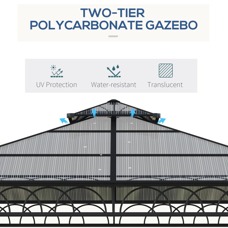 Outsunny 3 x 3 (m) Outdoor Polycarbonate Gazebo, Double Roof Hard Top Gazebo with Galvanised Steel Frame, Nettings & Curtains for Garden, Lawn, Patio and Deck, Khaki