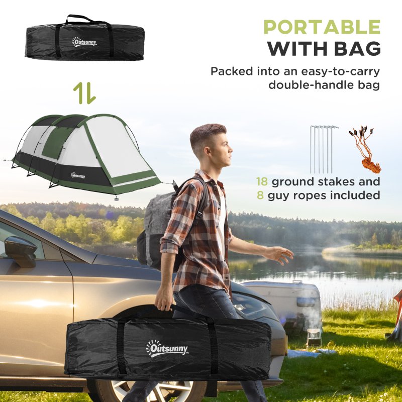Outsunny 3-4 Man Camping Tent, Tunnel Tent with Bedroom, Living Room and Porch, 2000mm Waterproof, Portable with Bag, for Fishing Hiking Festival, Green