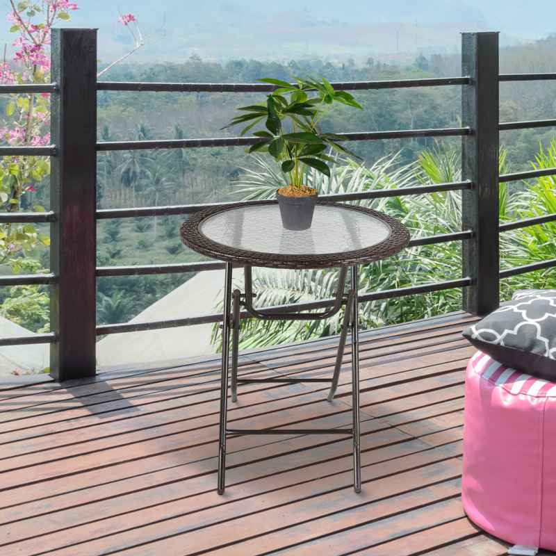 Outsunny Folding Rattan Garden Dining Table, 68 cm Round Rattan Garden Table with Water Ripple Tempered Glass Top, Wicker Edging  and Steel Frame for Outdoor, Patio, Brown
