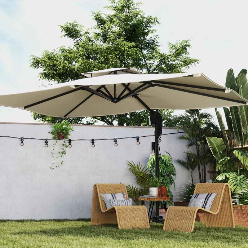 Outsunny 3.7 x 2.7 m Cantilever Parasol w/ 360 Rotation and Easy Tilt Adjustment, Aluminium Hanging Offset Outdoor Umbrella w/ Double Top and Cross Base, UPF50+ Hanging Sun Shade, Black