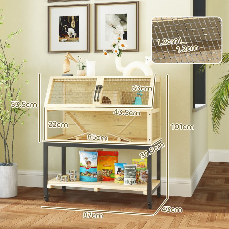 PawHut Hamster Cage, Wooden Gerbil Cage with Storage Shelf, Wheels, Ramps, Water Bottle, Hut, Seesaws, for Dwarf, Syrian, Gerbil