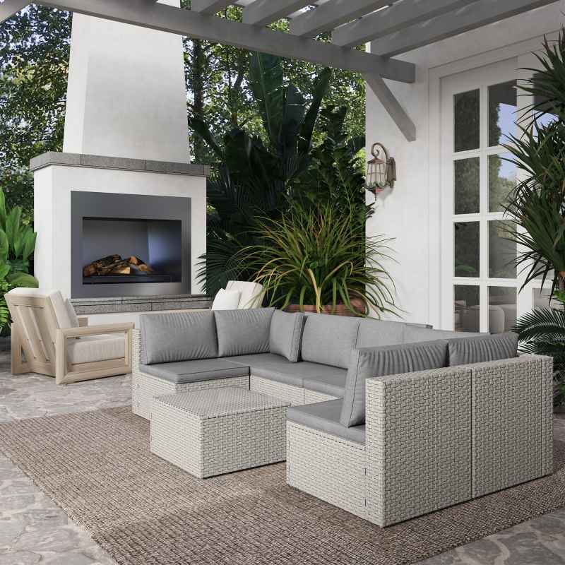Outsunny 7 Pieces Rattan Garden Furniture Set, 6 Seater Garden Corner Sofa with Wide Seat, Cushions and Glass Top Table, Sectional Outdoor Furniture Conservatory Set for Patio, Grey