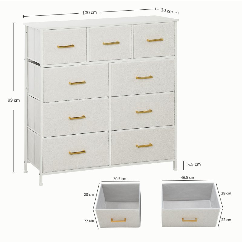 HOMCOM Chest of Drawers with 9 Fabric Drawers, Boucle Storage Organiser with Steel Frame, Fabric Dresser for Bedroom, Living Room, Hallway, Cream White