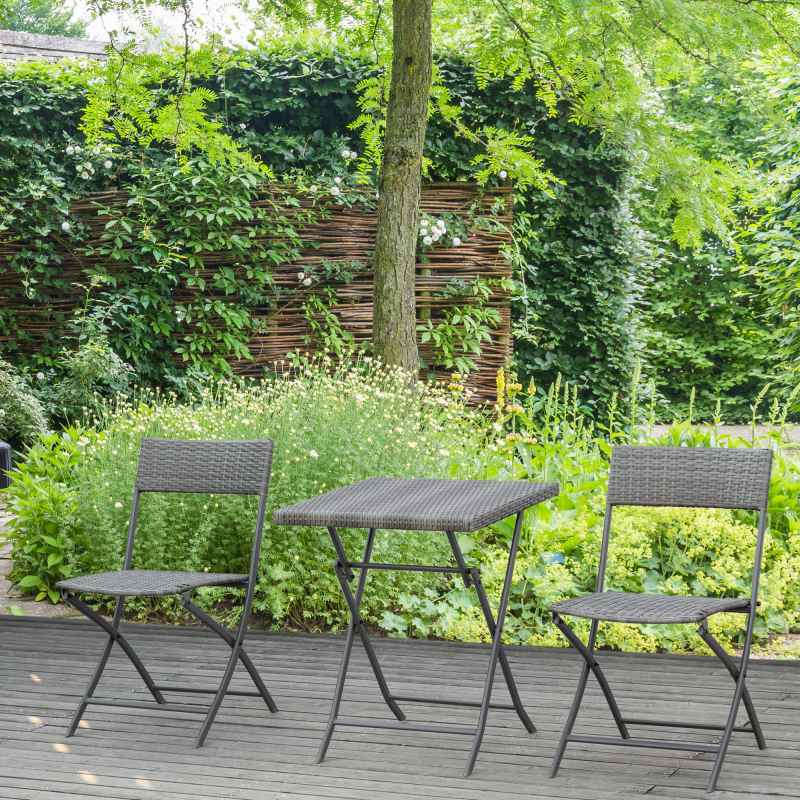 Outsunny 3 Pieces Folding Rattan Bistro Set, Garden Furniture Bistro Set with Folding Garden Table and Chairs, Wicker Balcony Furniture for Outdoor, Patio, Porch, Grey
