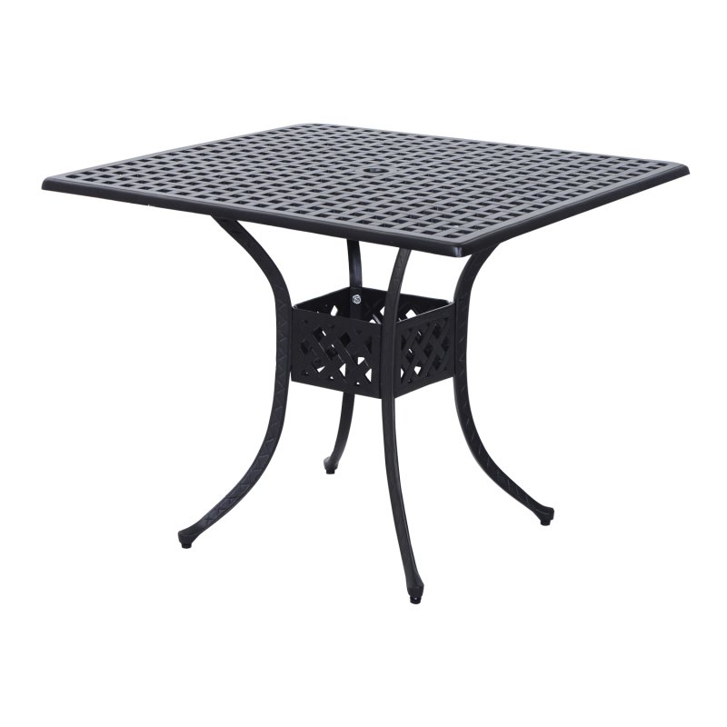 Outsunny 90 x 90cm Square Garden Dining Table with 46.5mm Dia. Umbrella Hole, Cast Aluminium Outdoor Dining Table, Grid Motif Outdoor Table for Garden, Patio, Porch, Black