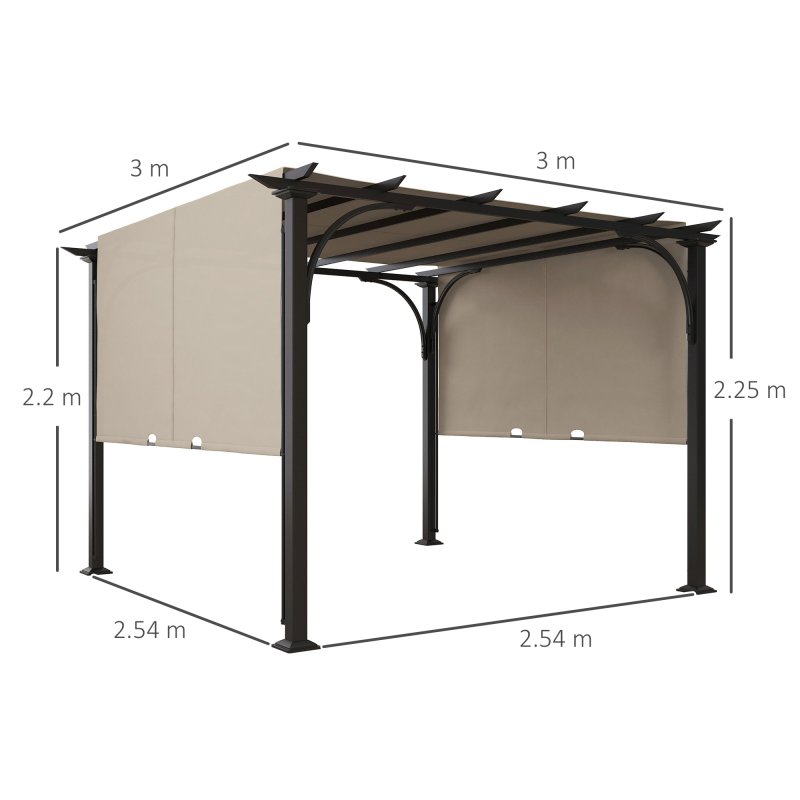 Outsunny 3 x 3(m) Garden Pergola, Outdoor Pergola Gazebo with Adjustable Canopy, Sun Shade Patio Canopy Shelter, Beige