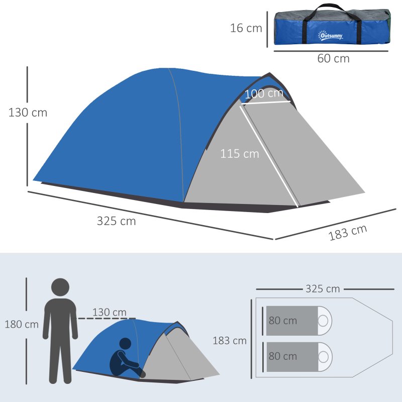 Outsunny Two-Man Camping Tent Dome Tent with Weatherproof Shell, Vestibule & Windows, for Fishing & Hiking, Blue and Grey