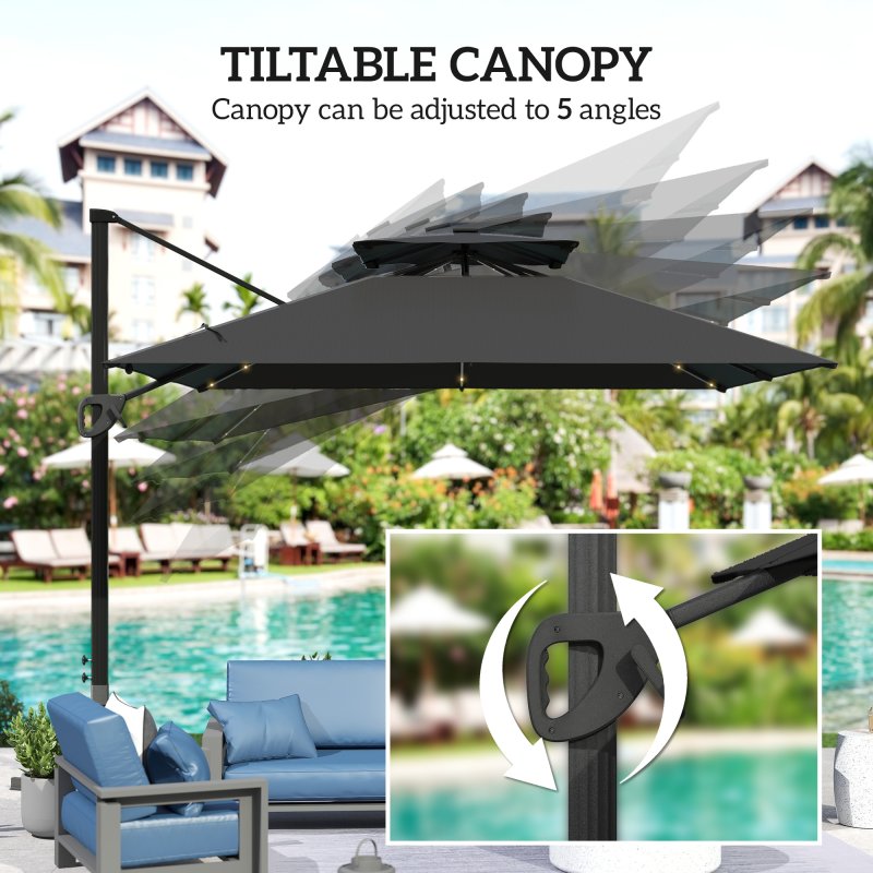 Outsunny 3.5x3 m Garden Cantilever Parasol with Solar LED Lights and Centre Light, UPF50+ Aluminium Patio Umbrella with 360 Rotation and Tilt, Hanging Sun Shade with Cross Base, Crank Handle, Black
