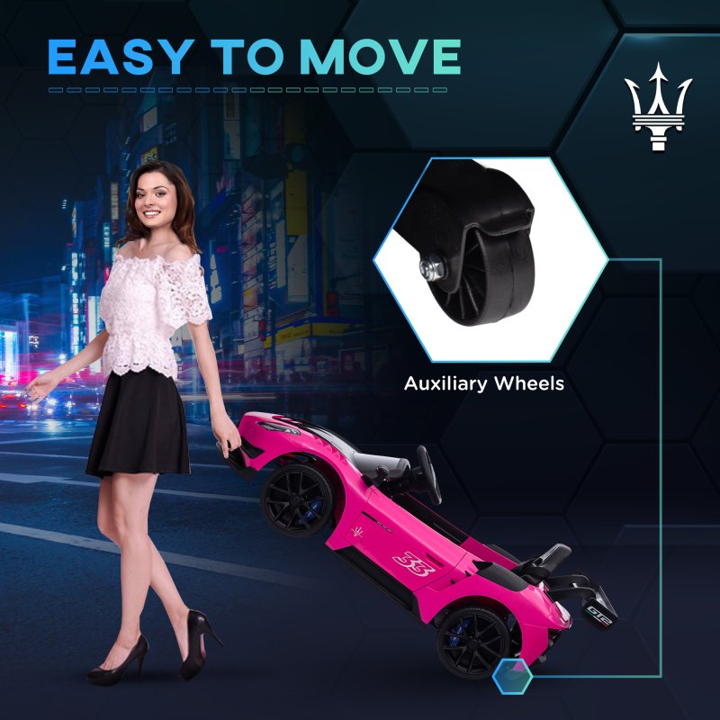AIYAPLAY Maserati GT2 Licensed 12V Electric Car for Kids, Kids' Electric Ride on with Suspension System, Remote Control, USB, Music, Horn, Lights, Auxiliary Wheels, for Ages 3-5 Years, Pink