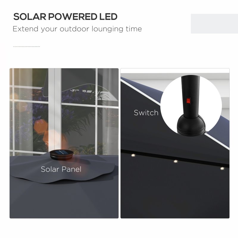 Outsunny 3(m) Garden Parasol Umbrella with 32 Solar LED Lights and Tilt, Outdoor Market Table Umbrella Sun Shade Canopy with Crank, 8 Ribs, Dark Grey