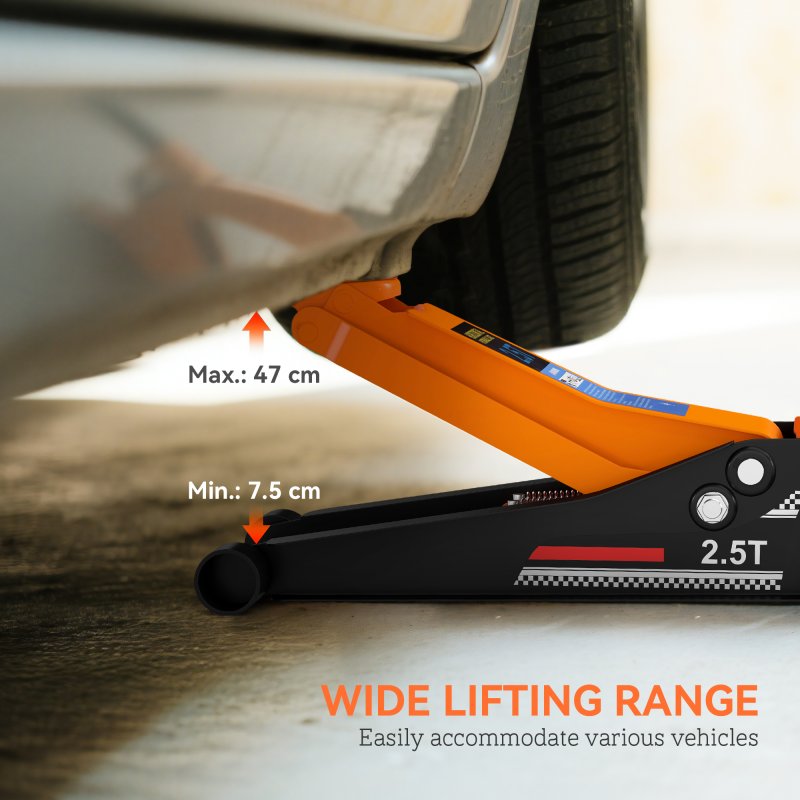 HOMCOM 2.5 Ton Hydraulic Low Profile Floor Jack, Heavy Duty Car Trolley Jack Lift with 7.5-47cm Lifting Range, Dual Piston Pump, Wheels, Non-slip Handle for Car Van Garage Tyre Repair Change, Orange