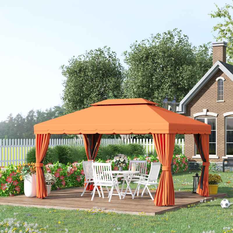 Outsunny 4 x 3 m Aluminum Garden Gazebo, Double Roof Outdoor Gazebo Canopy Shelter with Netting & Curtains for Garden, Lawn, Backyard and Deck, Orange