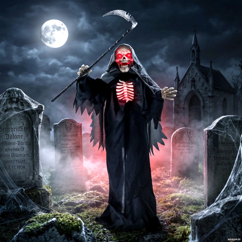HOMCOM 67"/170cm Life Size Animated Grim Reaper Halloween Decorations Outdoor Indoor, Scary Halloween Animatronics Decor with Sound Touch Activated, Animated Prop with Light Up Eyes for House Garden