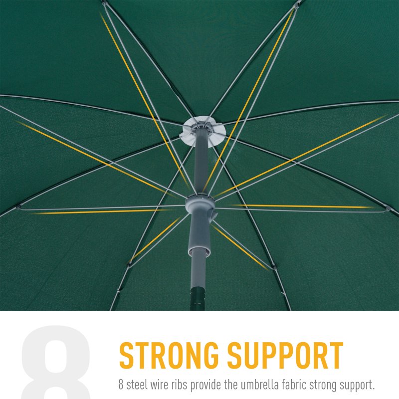 Outsunny 2.2m Beach Umbrella, Portable Parasol with Tilting Function, Outdoor Sunshade Shelter with 8 Ribs for Garden, Pool and Patio, Green