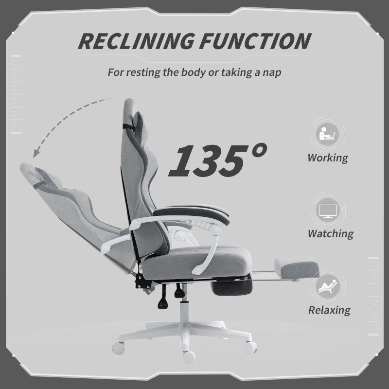 HOMCOM Ergonomic High Back Gaming Chair for Adults, Printed Velvet Computer Recliner Chair with Footrest, Lumbar Support, Adjustable Height and 360 Swivel Seat for Office or Gaming, Grey